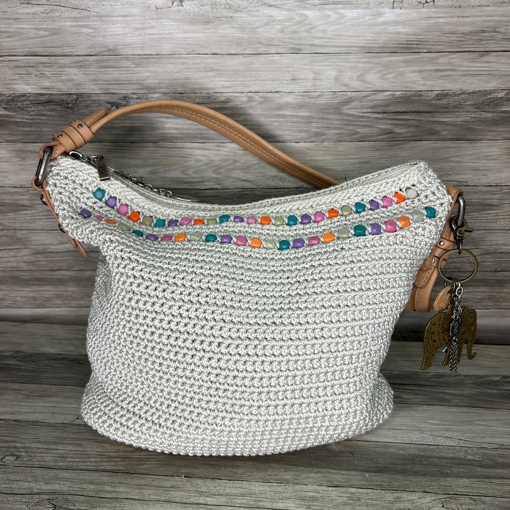 The Sak Sequoia Hobo Shoulder Bag Crochet & Leather Ecru Multi Beads & Charm